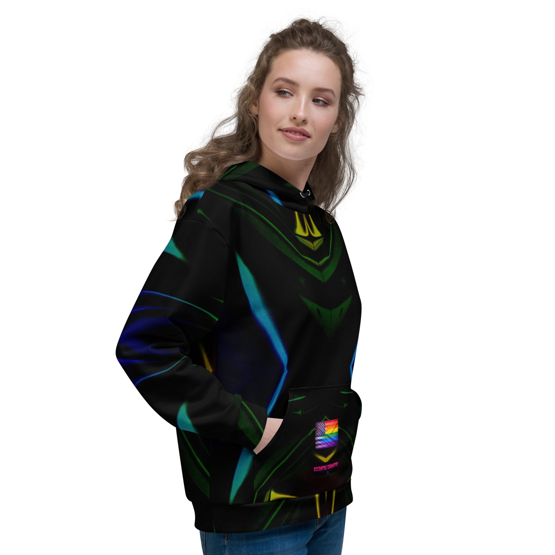 Unisex Pride-Core Truth Resonator hoodie with all-over print, recycled fabric, white color, from Eccentric Chemistry's Tiny Shop of T-Shirt Horrors.