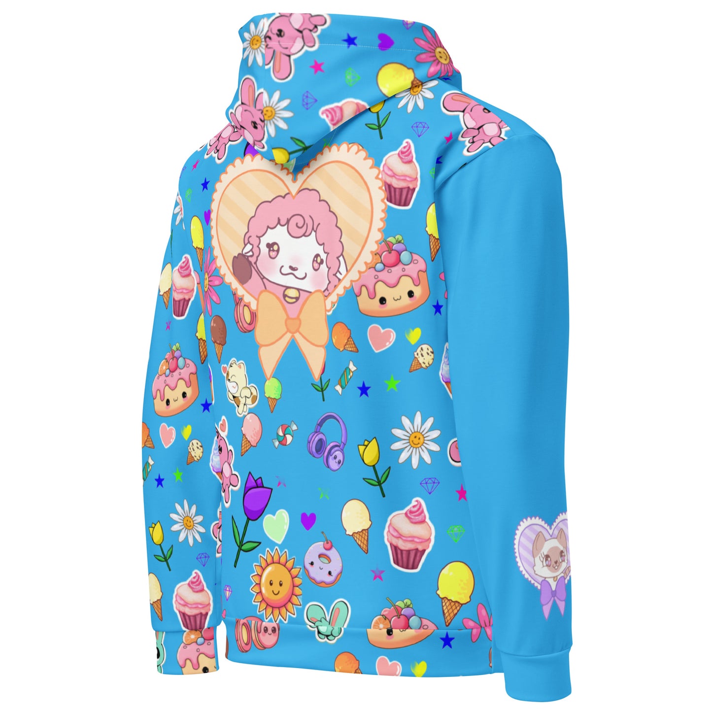 Unisex Frosted Critter Delight Hoodie by Eccentric Chemistry featuring all-over print of colorful critters on a white recycled fabric background.