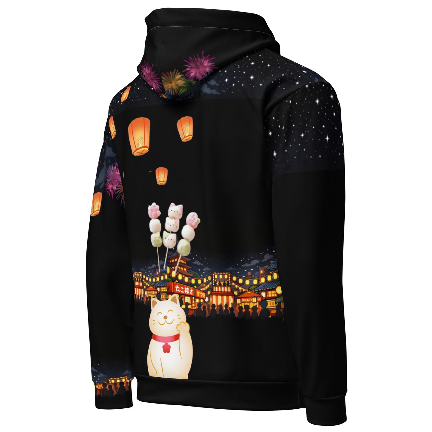 Unisex Festival Cat Field Hoodie by Eccentric Chemistry featuring colorful all-over print on recycled white fabric.