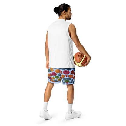 Unisex blue storm mesh shorts with all-over recycled print, featuring a casual cut-sew design from Eccentric Chemistry.