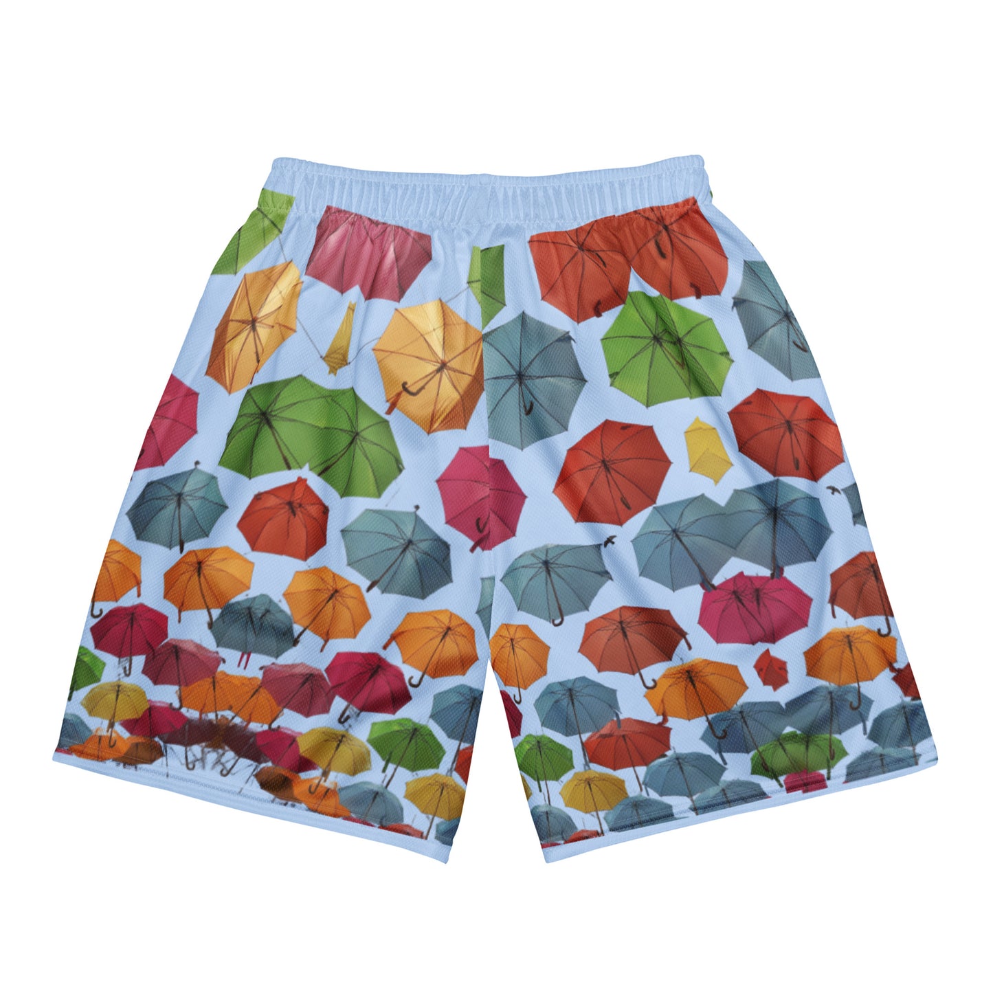 Unisex blue storm mesh shorts with all-over print, made from recycled materials, styled with a casual cut-sew design.