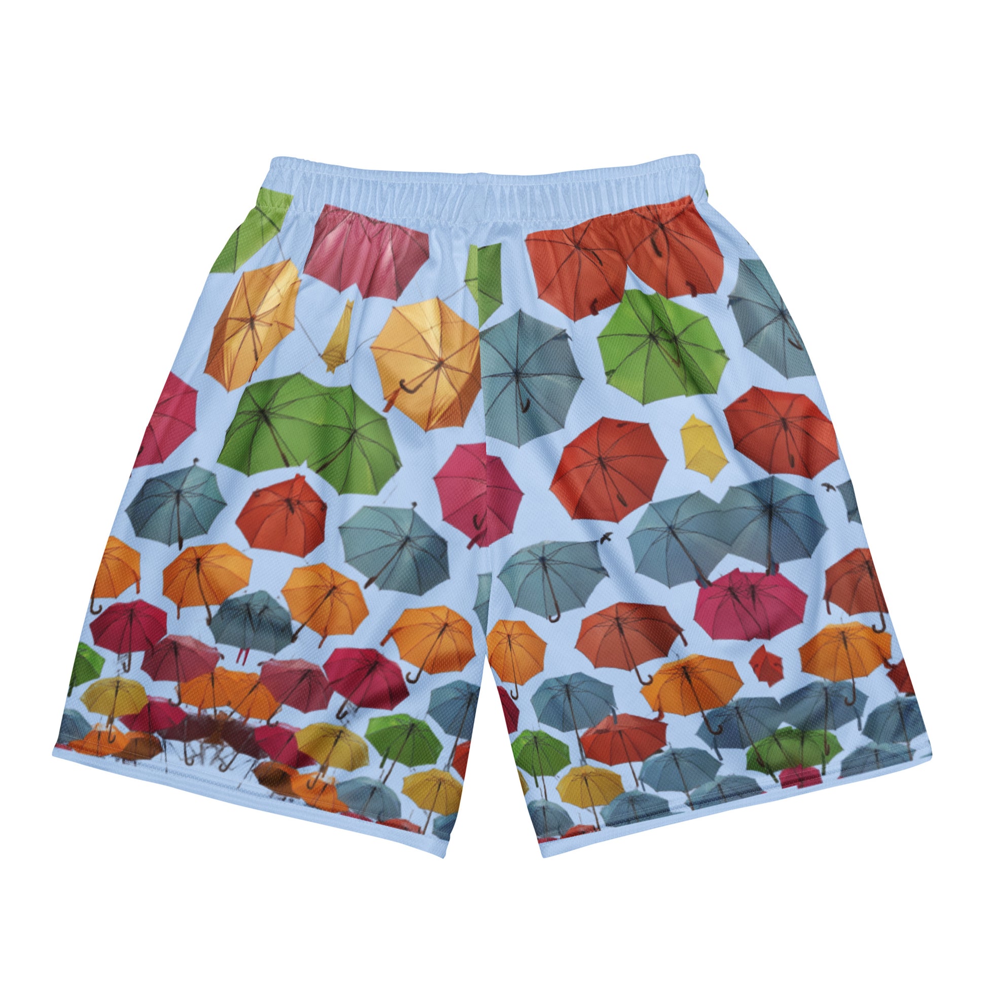 Unisex blue storm mesh shorts with all-over print, made from recycled materials, styled with a casual cut-sew design.