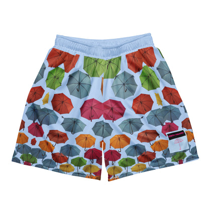 Unisex blue storm mesh shorts with all-over recycled print, featuring a casual cut-sew design by Eccentric Chemistry.