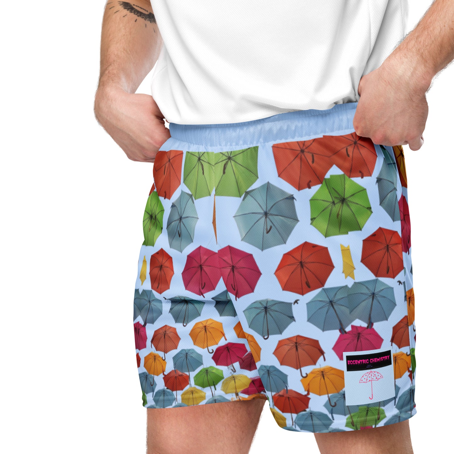 Unisex blue storm mesh shorts with all-over recycled print, featuring a stylish cut-sew design from Eccentric Chemistry’s lab.