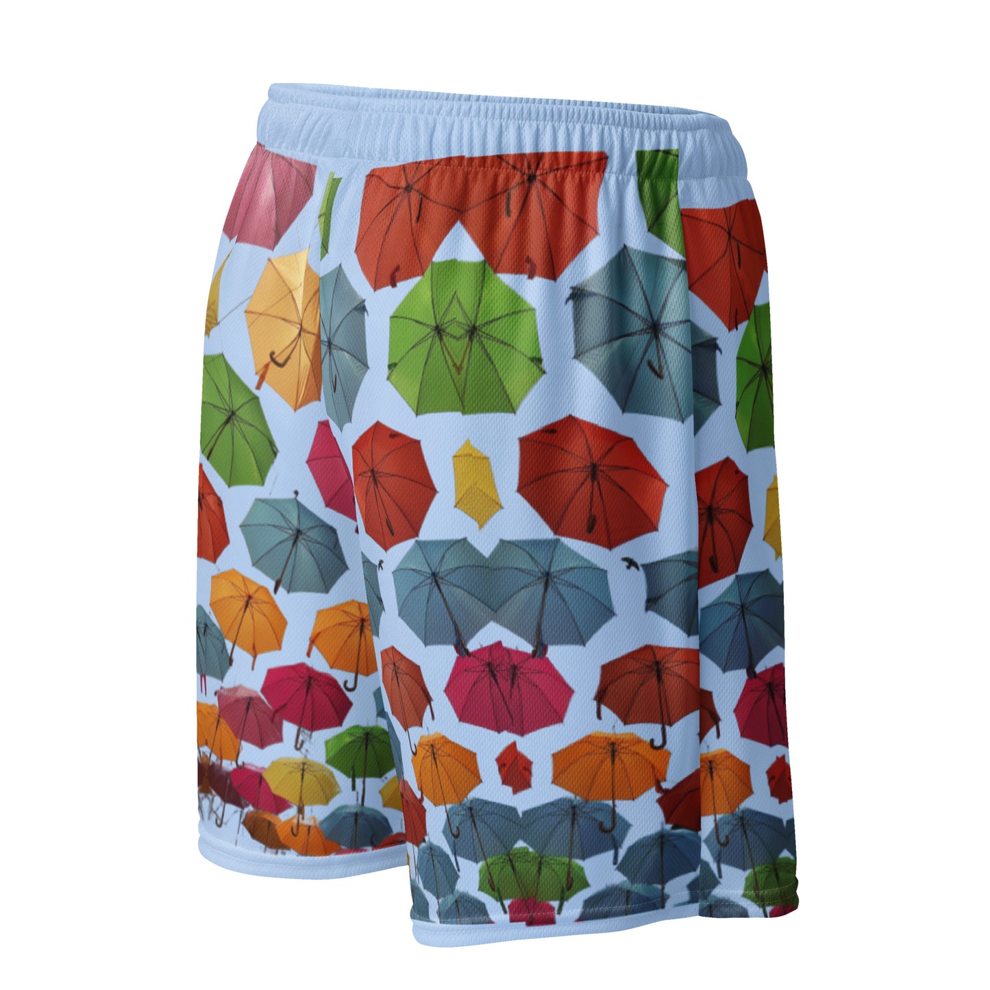Unisex blue storm mesh shorts with all-over white recycled print from Eccentric Chemistry's laboratory, back view showing fabric details.