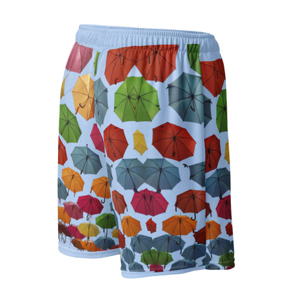 Unisex blue storm mesh shorts with all-over white recycled print from Eccentric Chemistry's laboratory, back view showing fabric details.