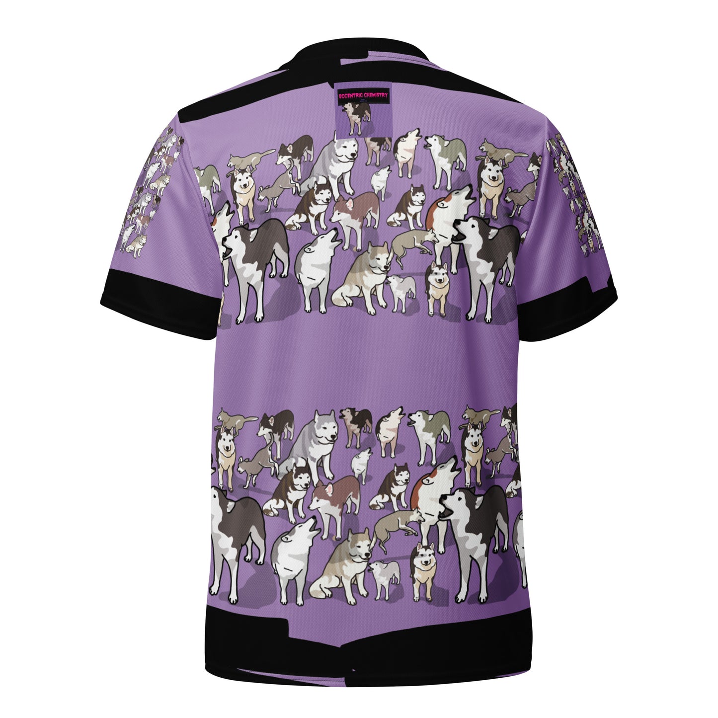 Recycled unisex sports jersey with purple pup energy experiment design, all-over print, white background, by Eccentric Chemistry.