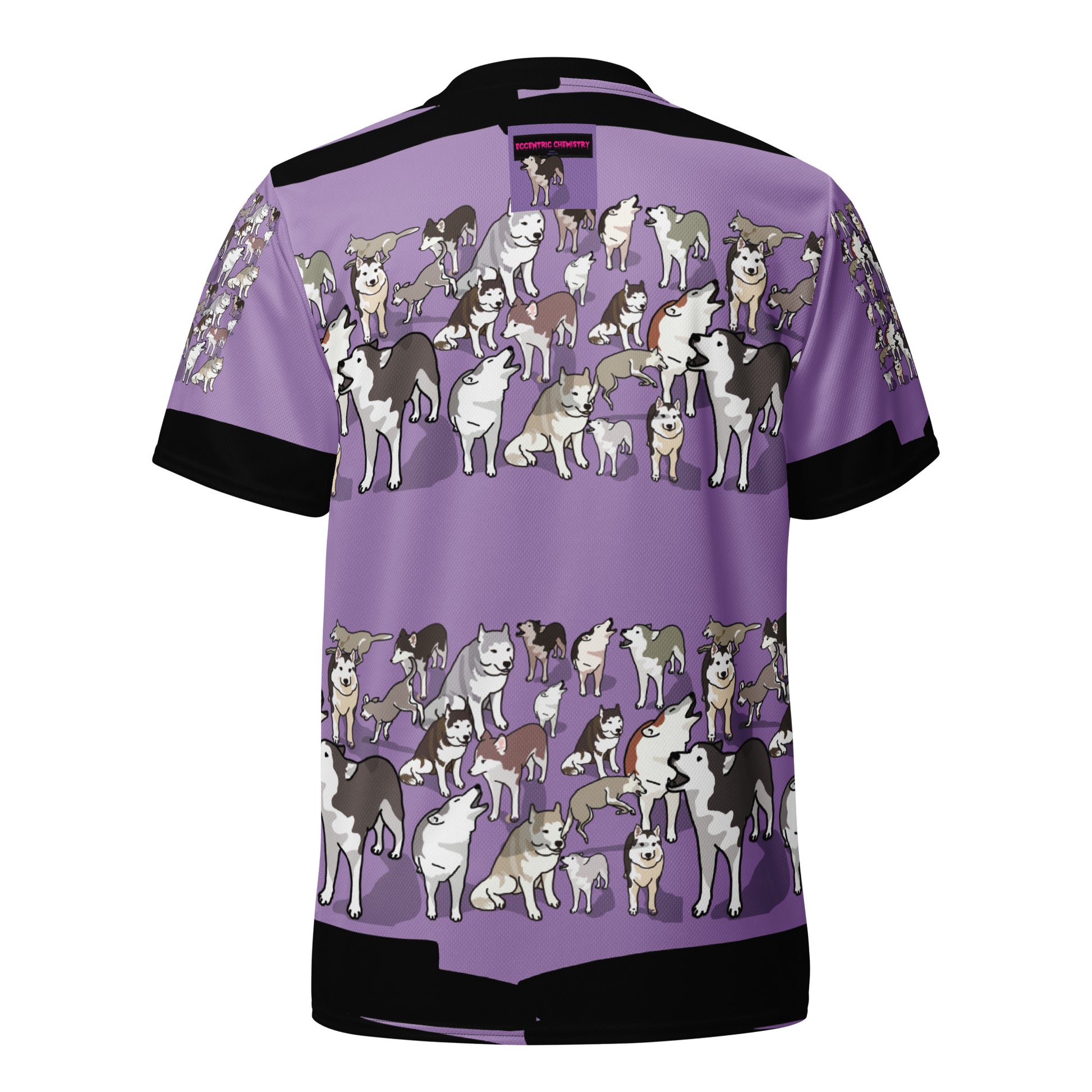 Recycled unisex sports jersey with purple pup energy experiment design, all-over print, white background, by Eccentric Chemistry.
