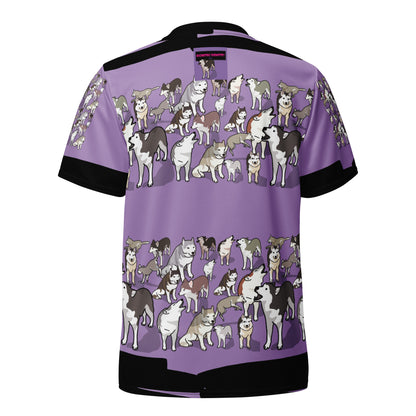 Recycled unisex sports jersey with purple pup energy experiment design, all-over print, white background, by Eccentric Chemistry.