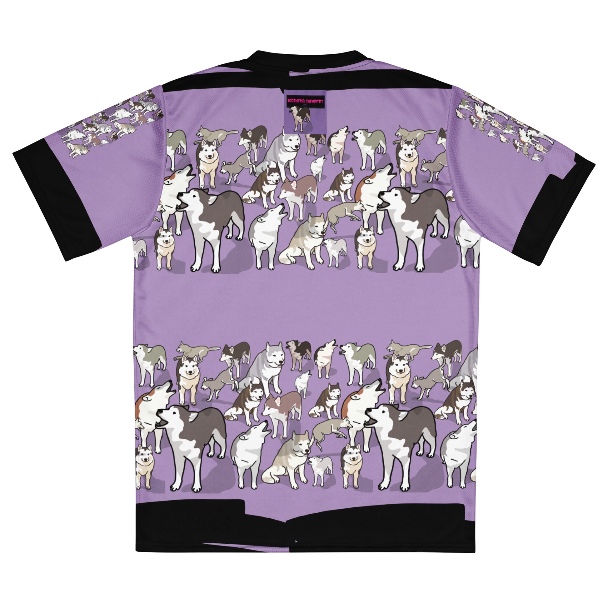 Unisex purple sports jersey with all-over print featuring energy experiment design, made from recycled materials, by Eccentric Chemistry.