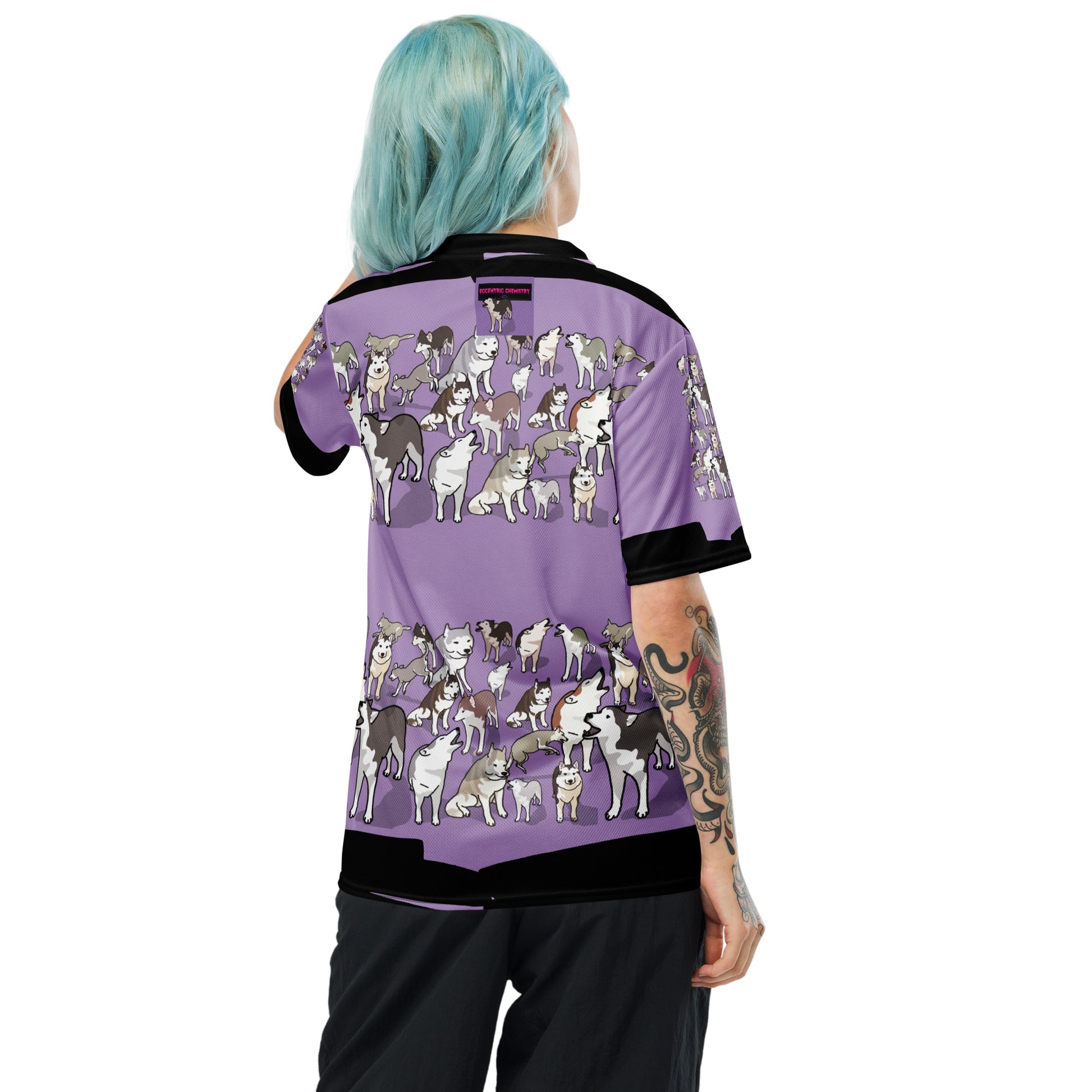 Recycled unisex sports jersey with purple Pup Energy experiment print, white back, featuring vibrant, abstract scientific design.