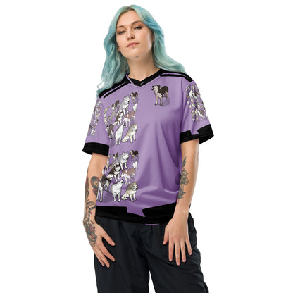 Recycled unisex sports jersey with purple Pup Energy Experiment design, featuring all-over print, by Eccentric Chemistry Laboratory.