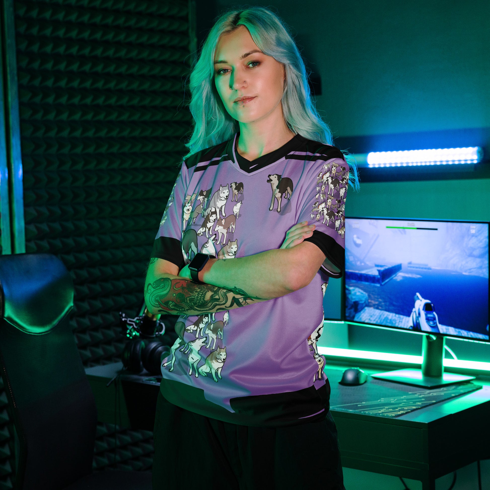 Recycled unisex sports jersey with purple Pup Energy experiment print, featuring a white front and all-over colorful design.