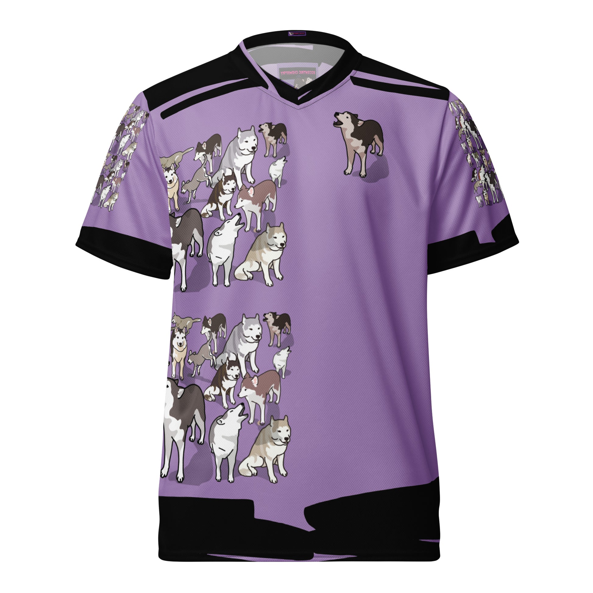 Recycled purple unisex sports jersey with all-over print featuring vibrant energy experiment design by Eccentric Chemistry.