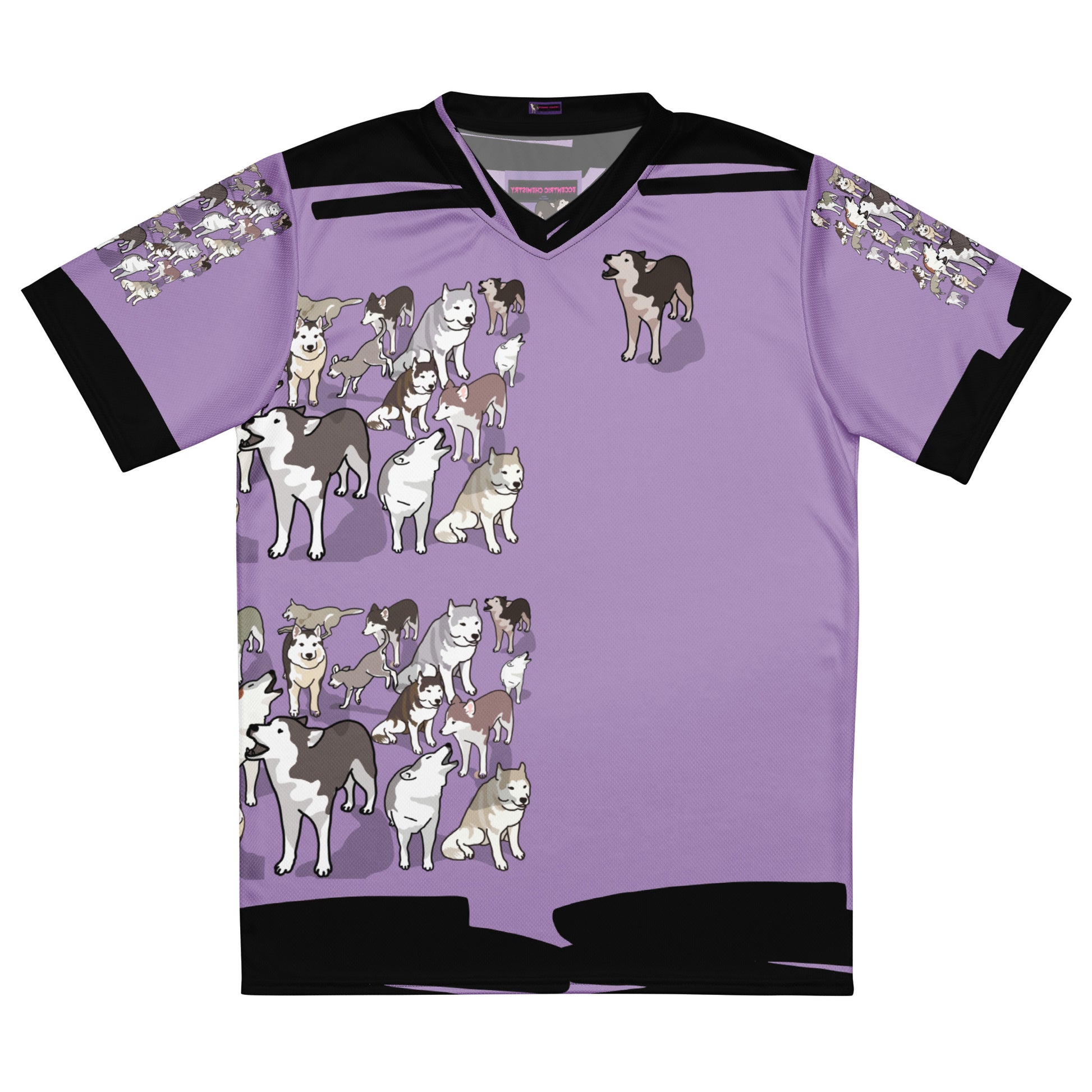 Recycled unisex sports jersey with purple Pup Energy Experiment design, all-over print by Eccentric Chemistry Laboratory of Strange & Stylish Things