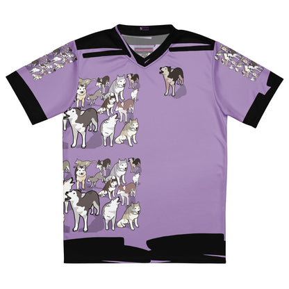 Recycled unisex sports jersey with purple Pup Energy Experiment design, all-over print by Eccentric Chemistry Laboratory of Strange & Stylish Things