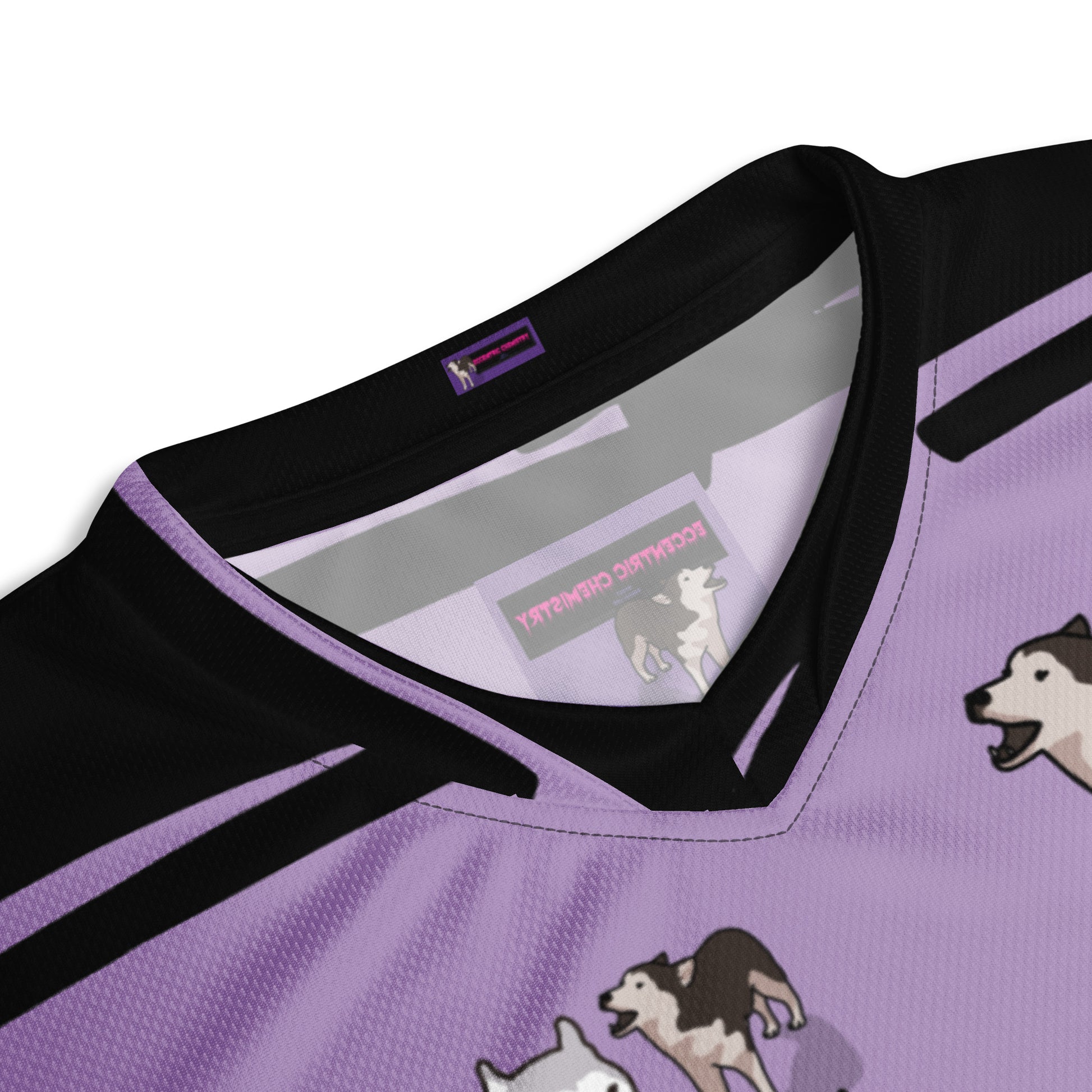 Recycled purple unisex sports jersey with all-over print, featuring energetic Pup Energy design by Eccentric Chemistry.