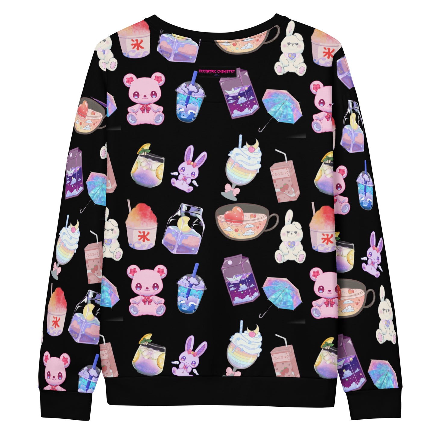Unisex recycled white sweatshirt with colorful Happy Bear Beverage Lab experiment print by Eccentric Chemistry, all-over design.