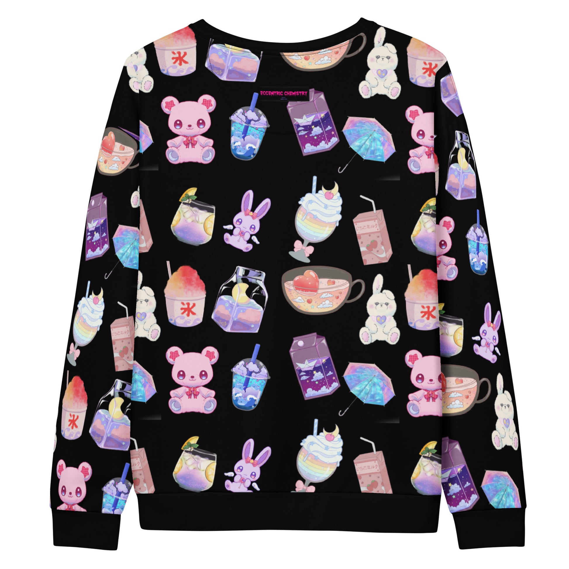 Unisex recycled white sweatshirt with colorful Happy Bear Beverage Lab experiment print by Eccentric Chemistry, all-over design.