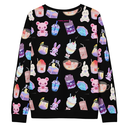 Unisex recycled white sweatshirt with colorful Happy Bear Beverage Lab experiment print by Eccentric Chemistry, all-over design.