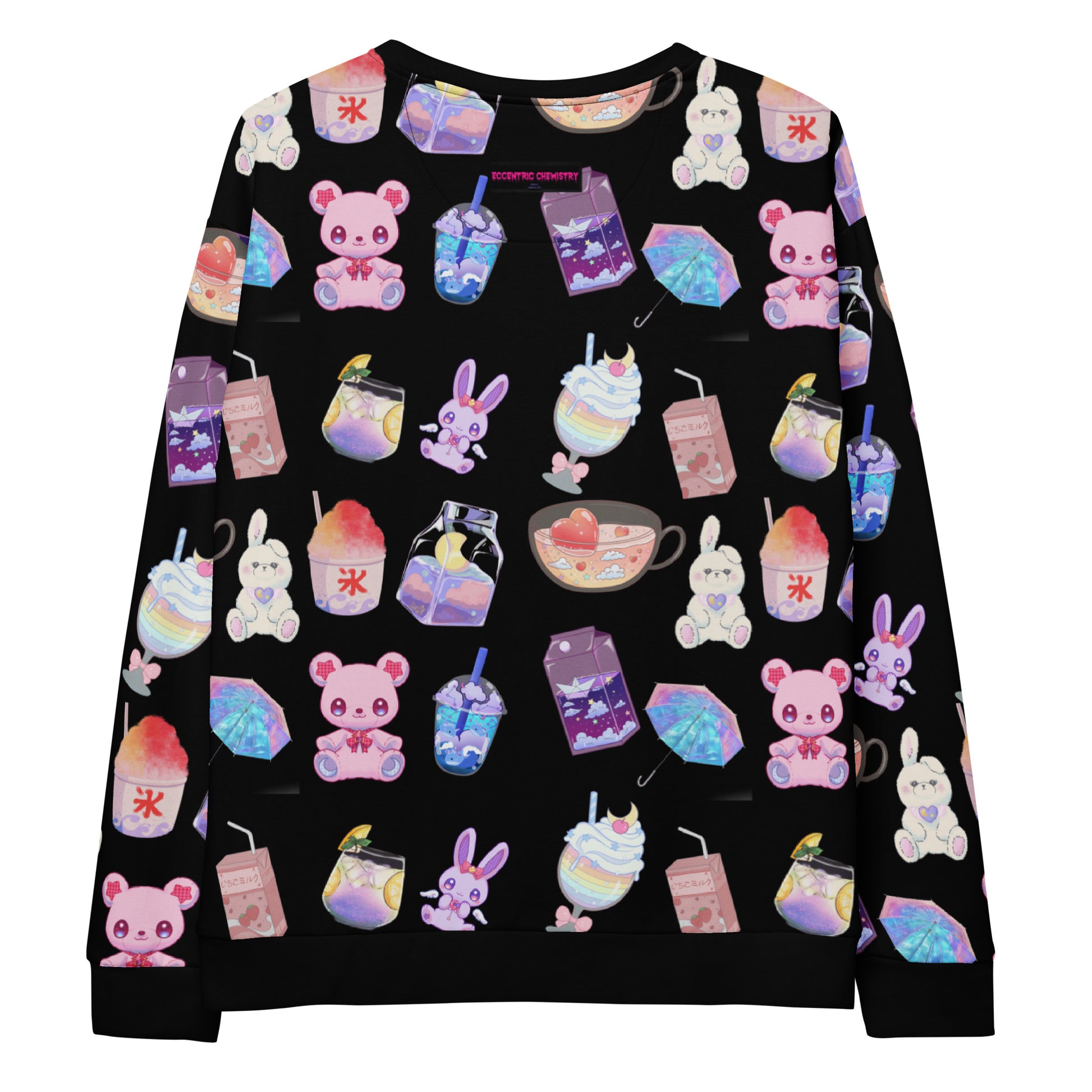 Unisex white sweatshirt with all-over print featuring a happy bear and laboratory experiment design by Eccentric Chemistry.