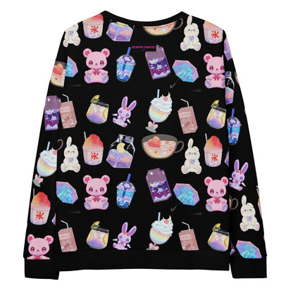 Unisex white sweatshirt with all-over print featuring a happy bear and laboratory experiment design by Eccentric Chemistry.