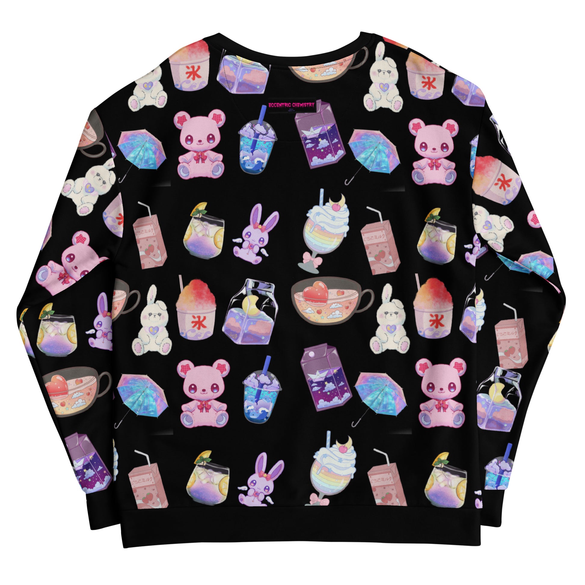 White unisex sweatshirt featuring all-over print with a happy bear and beverage lab experiment theme by Eccentric Chemistry.