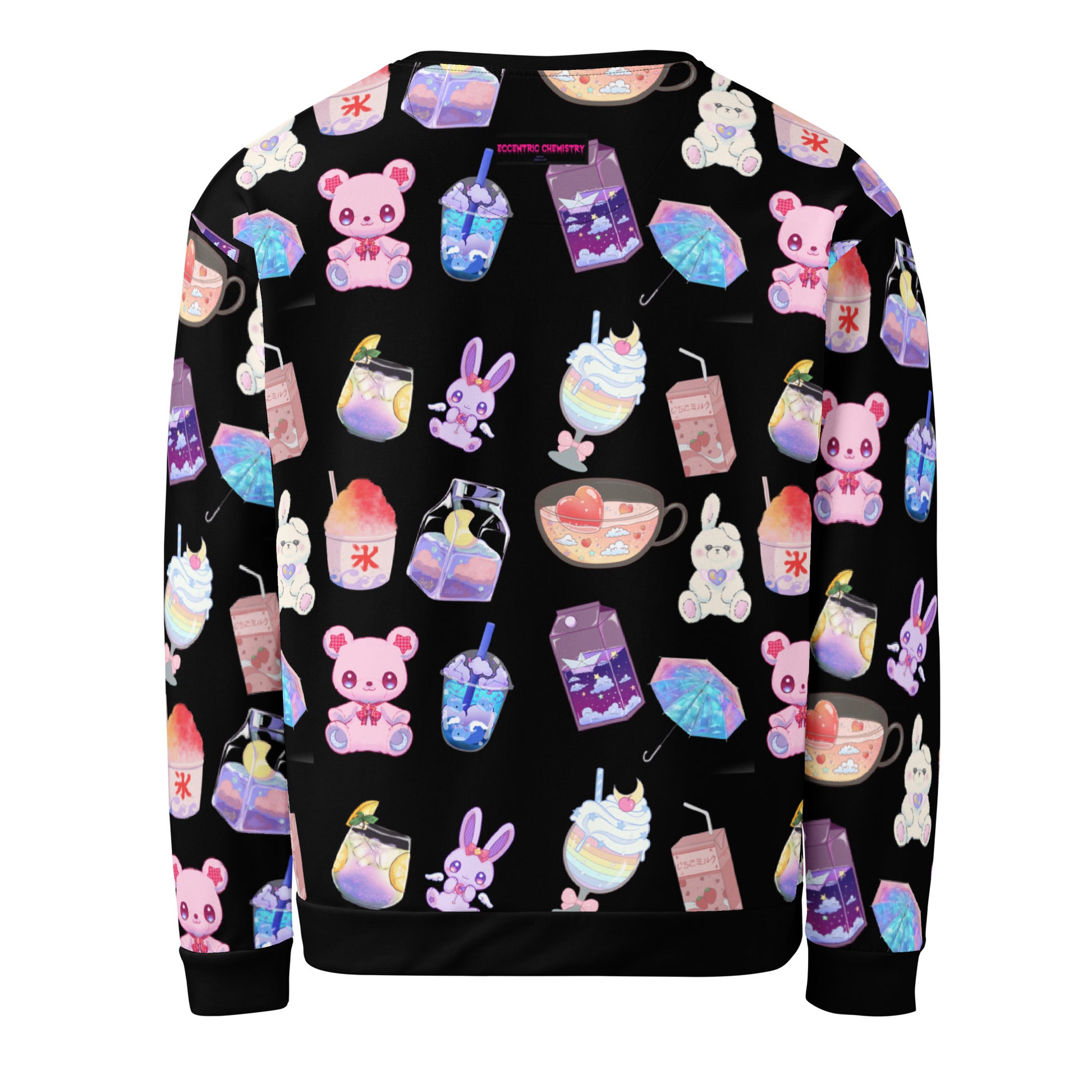 Unisex white sweatshirt with all-over print featuring a happy bear and beverage lab experiment design by Eccentric Chemistry.
