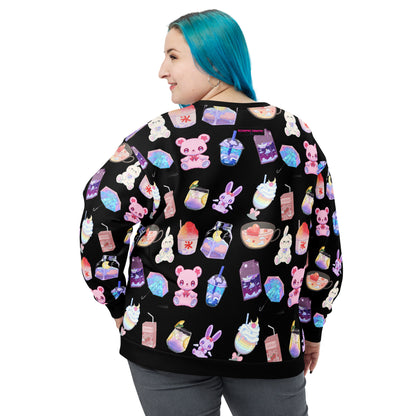 Unisex white sweatshirt with colorful Happy Bear Beverage Lab experiment print, made from recycled materials by Eccentric Chemistry.