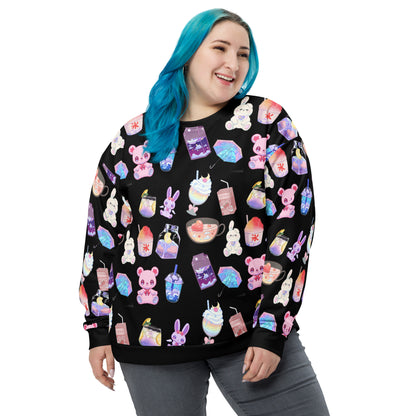 Unisex white sweatshirt featuring colorful happy bear and beverage lab experiment print by Eccentric Chemistry.