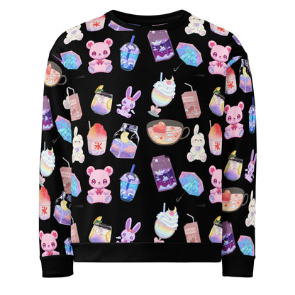 Unisex white sweatshirt with all-over print of a happy bear and beverage lab experiment design by Eccentric Chemistry.
