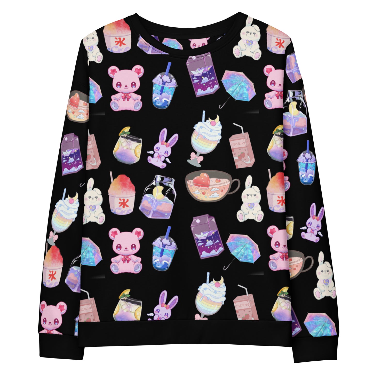 Unisex white sweatshirt featuring all-over print with playful bear and laboratory experiment design by Eccentric Chemistry.