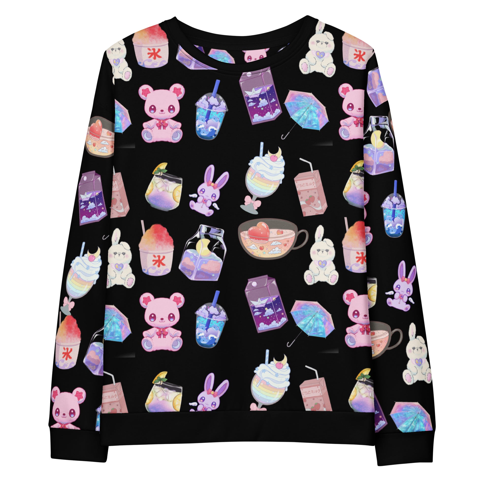 Unisex white sweatshirt featuring all-over print with playful bear and laboratory experiment design by Eccentric Chemistry.