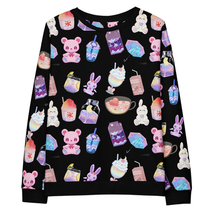 Unisex white sweatshirt featuring all-over print with playful bear and laboratory experiment design by Eccentric Chemistry.