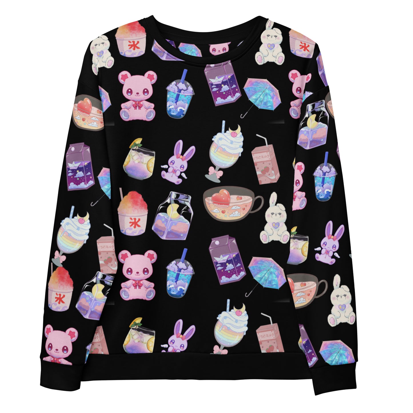 All-over print white unisex sweatshirt featuring colorful happy bear and beverage lab experiment design by Eccentric Chemistry.
