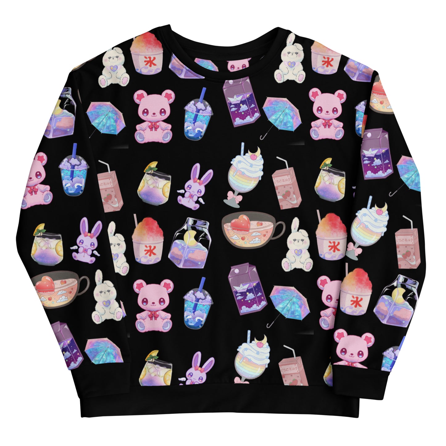Unisex white sweatshirt with all-over colorful happy bear beverage lab experiment print by Eccentric Chemistry.