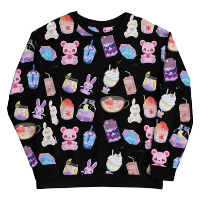 Unisex white sweatshirt with all-over colorful happy bear beverage lab experiment print by Eccentric Chemistry.