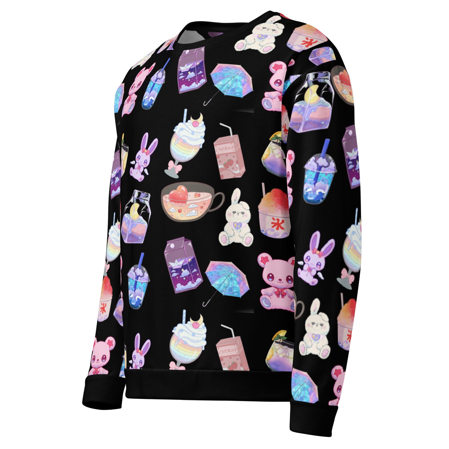 Unisex recycled white sweatshirt with colorful happy bear and beverage lab experiment print, stylish and eco-friendly fashion by Eccentric Chemistry.
