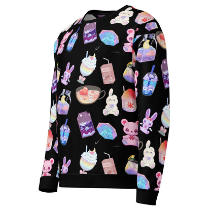 Unisex recycled white sweatshirt with colorful happy bear and beverage lab experiment print, stylish and eco-friendly fashion by Eccentric Chemistry.