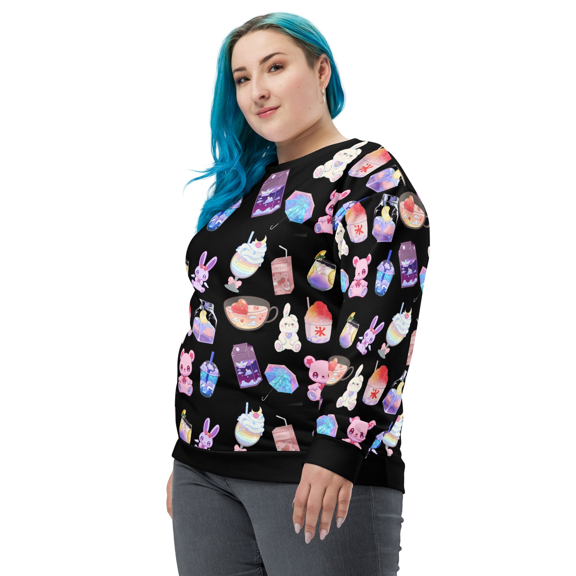 Unisex white sweatshirt with all-over print featuring Happy Bear Beverage Lab experiment design by Eccentric Chemistry.