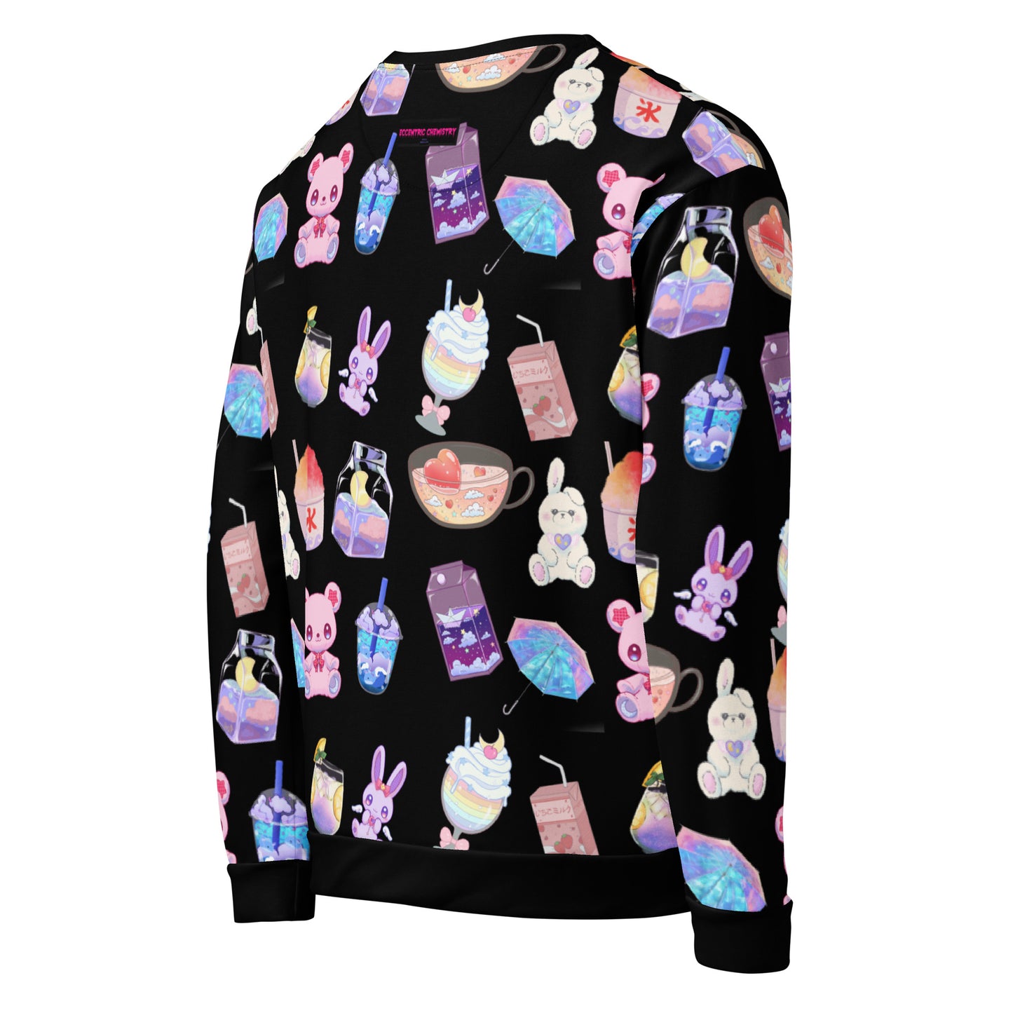 Unisex white sweatshirt with all-over print of a happy bear and beverage lab experiment design by Eccentric Chemistry.