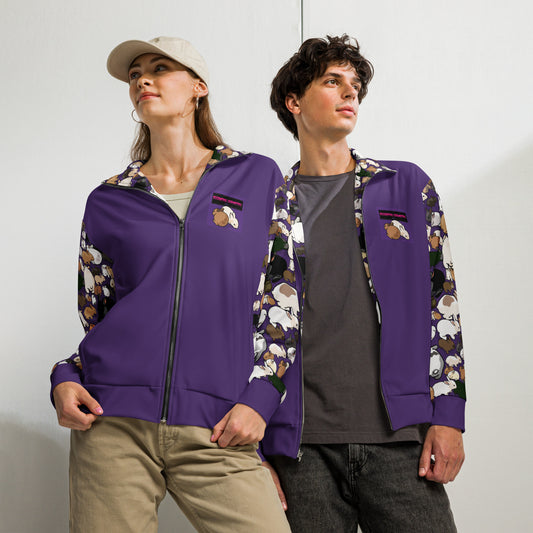Unisex Kinetic Bunny Experiment track jacket by Eccentric Chemistry featuring all-over white recycled fabric and bold print design.