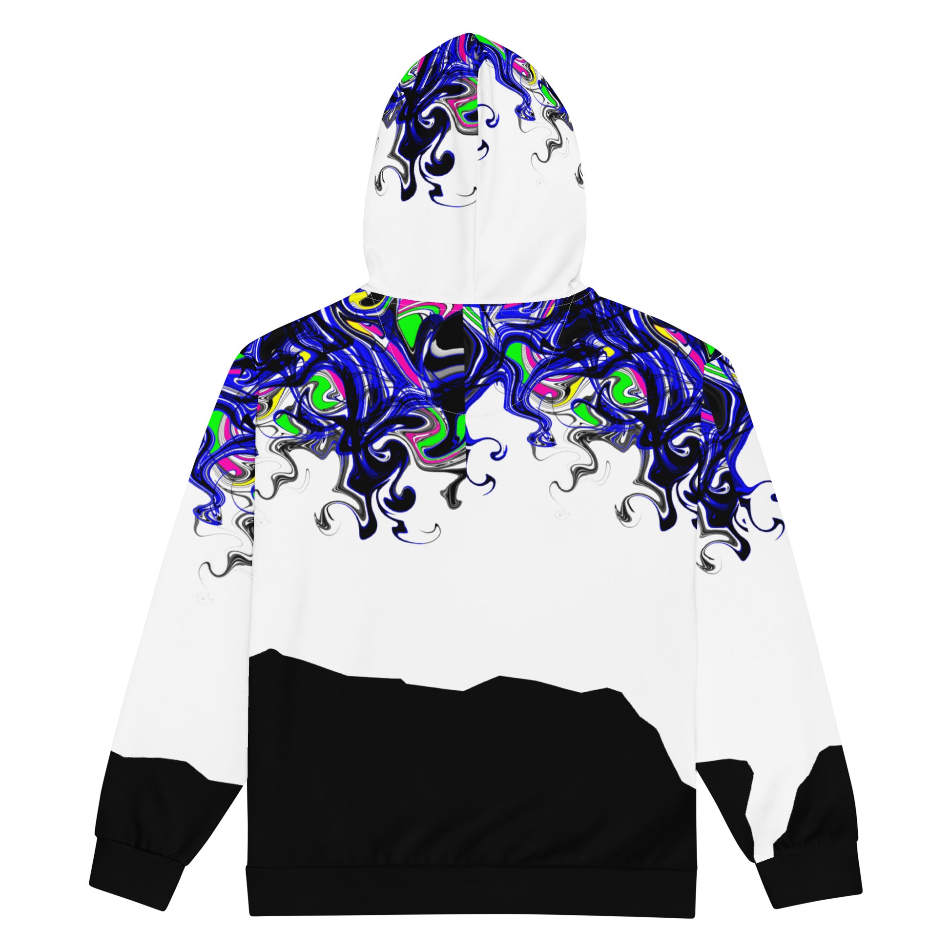White unisex zip hoodie with all-over colorful reaction lab print, from Eccentric Chemistry's Tiny Shop of T-Shirt Horrors.