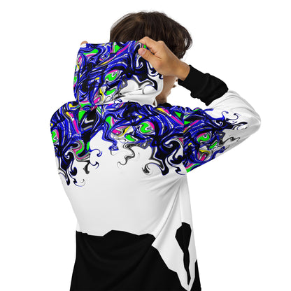 Unisex white zip hoodie with colorful Reaction Lab all-over print from Eccentric Chemistry's Tiny Shop of T-Shirt Horrors.