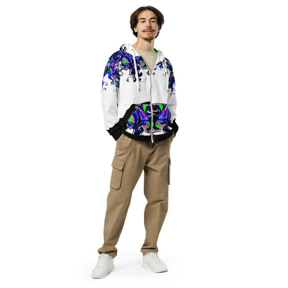 White unisex zip hoodie with colorful chemical reaction lab print from Eccentric Chemistry's Tiny Shop of T-Shirt Horrors.