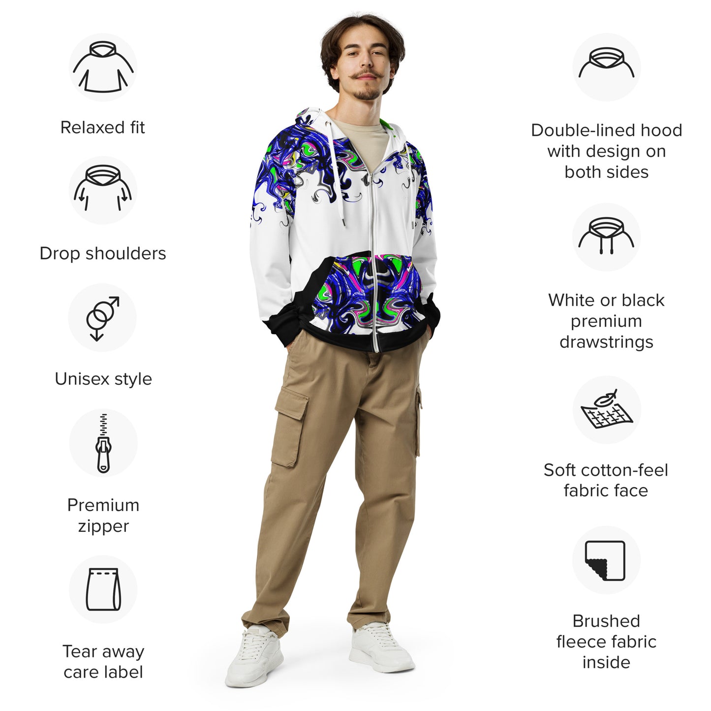 Unisex Color Reaction Lab Hoodie by Eccentric Chemistry with all-over recycled print, front view, white zip-up hoodie.