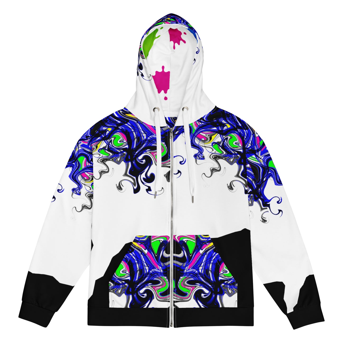 Unisex white zip hoodie with colorful reaction lab all-over print, made from recycled materials, by Eccentric Chemistry's Tiny Shop.