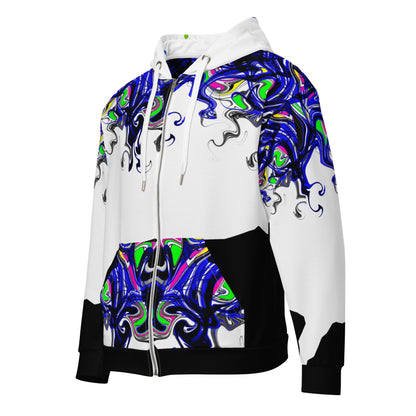 Unisex white zip hoodie with all-over colorful Reaction Lab design, made from recycled materials, by Eccentric Chemistry.