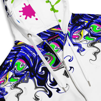 Unisex Color Reaction Lab Hoodie by Eccentric Chemistry featuring all-over recycled fabric print and front zipper.