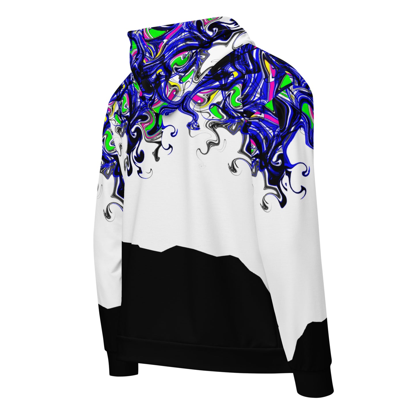 Unisex white zip hoodie with colorful reaction lab print on the back, made from recycled materials by Eccentric Chemistry.